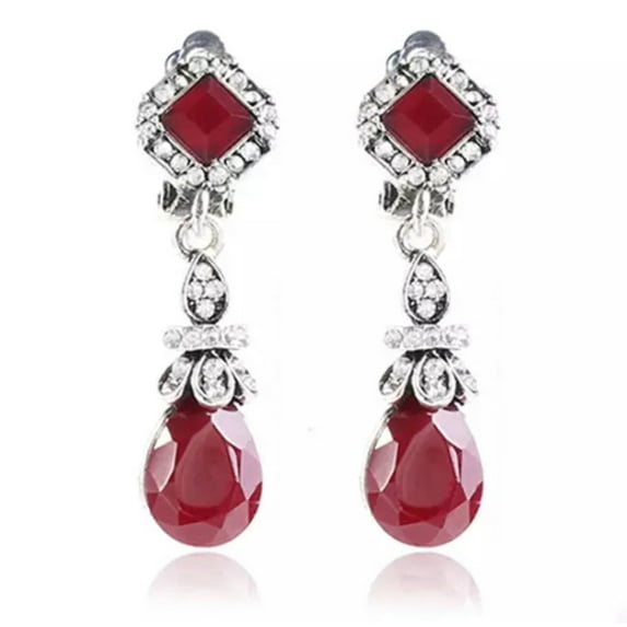 Vintage 1 3/4" clip on silver red and clear stone earrings