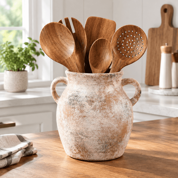 Vintage-1 Ceramic Farmhouse Kitchen Utensil Holder Countertop Rustic Cooking Crock