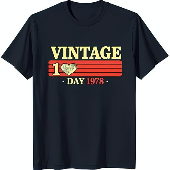 Vintage 1 Day 1978 Black T-Shirt with Retro Heart Graphic Bold & Bright Statement Piece
