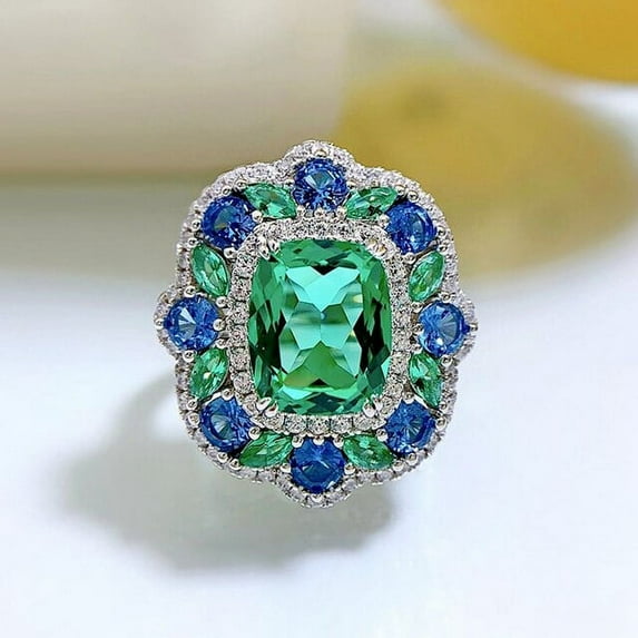 Vintage 100% 925 Sterling Silver Cushion Paraiba Tourmaline High Carbon Diamonds Gemstone Rings Fine Jewelry