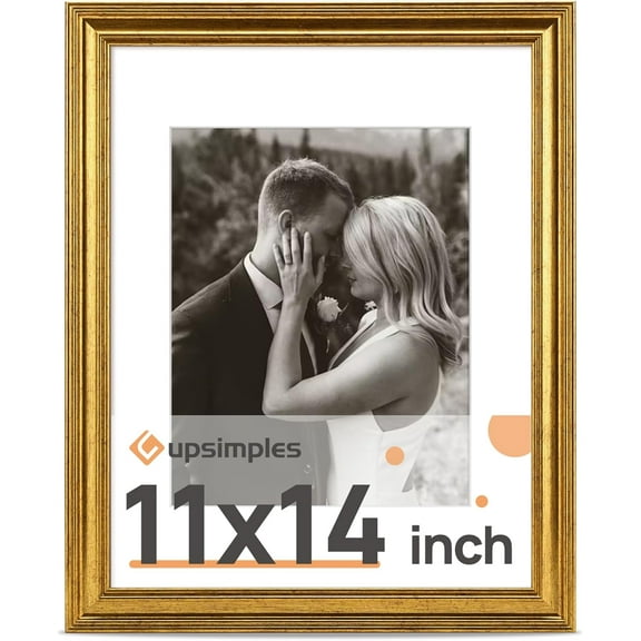 Vintage 11x14 Picture Frame, Antique Gold Frame Displays 8x10 with Mat or 11 x 14 Without for Vertical or Horizontal Wall Decor, 1pack