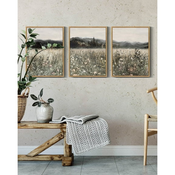 Vintage 11x14in3pcs Natural Framed Landscape Wall Art Prairie in Full Bloom Wall Prints Classic Retro Farmhouse Decorations for Living Room Bedroom