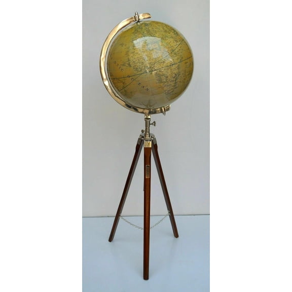 Vintage 12 Inch World Globe with Wooden Tripod Stand Nautical Antique Map Desk & Floor Decor for Home, Office & Study Room