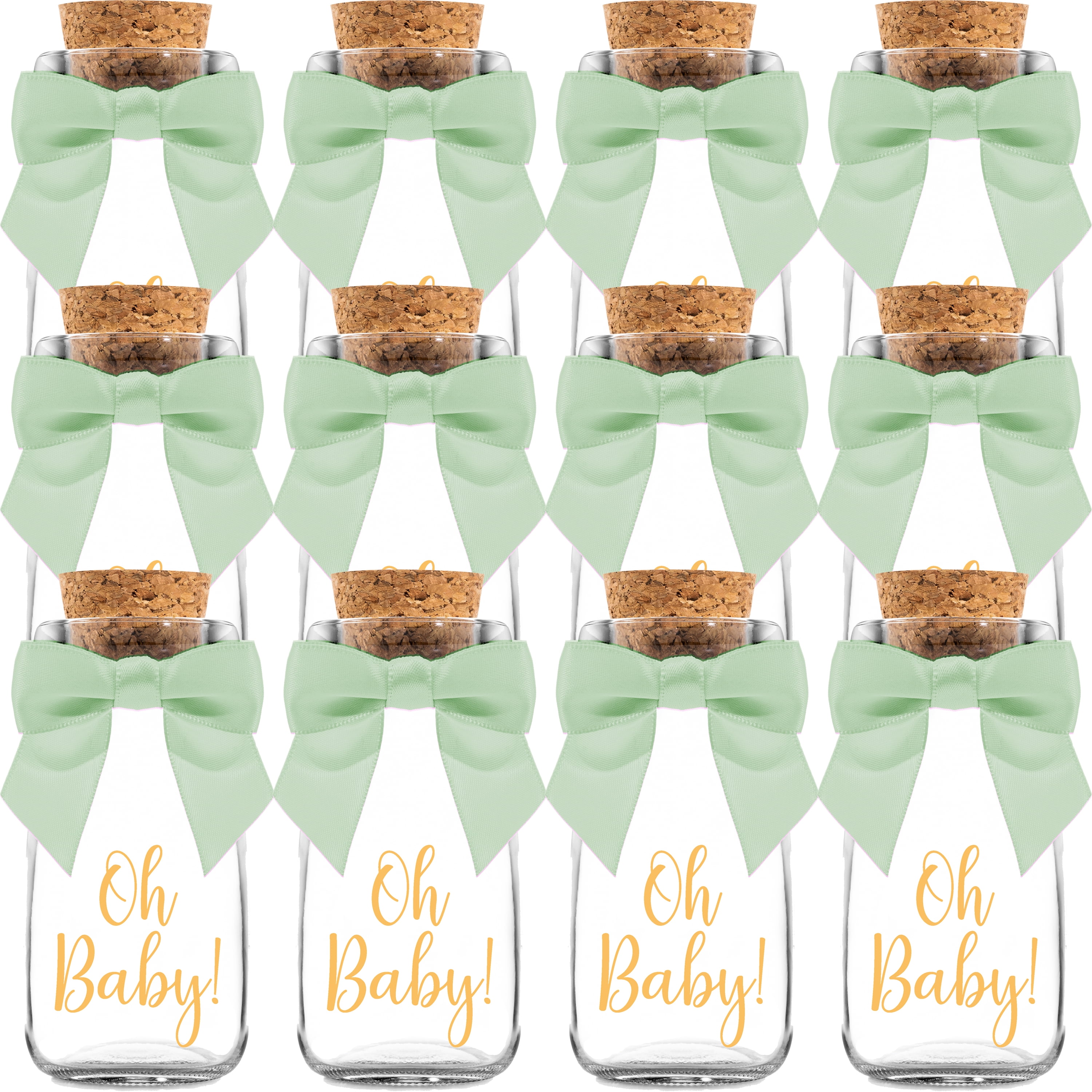 Vintage 12 Pack Oh Baby Woodland Milk Glass Bottles with Ribbons and Stickers - Classy Baby Shower Favors for Guests and Table Centerpieces - Gender Neutral Eucalyptus Decoration - Safari Theme