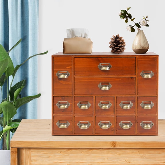 Vintage 14-Drawer Storage Cabinet Wood & Metal Organizer for Herbs, Tea Bags, Crafts, and Office Supplies, Rustic Desktop Drawer Chest with Labels, Pre-Assembled Small Parts Organizer