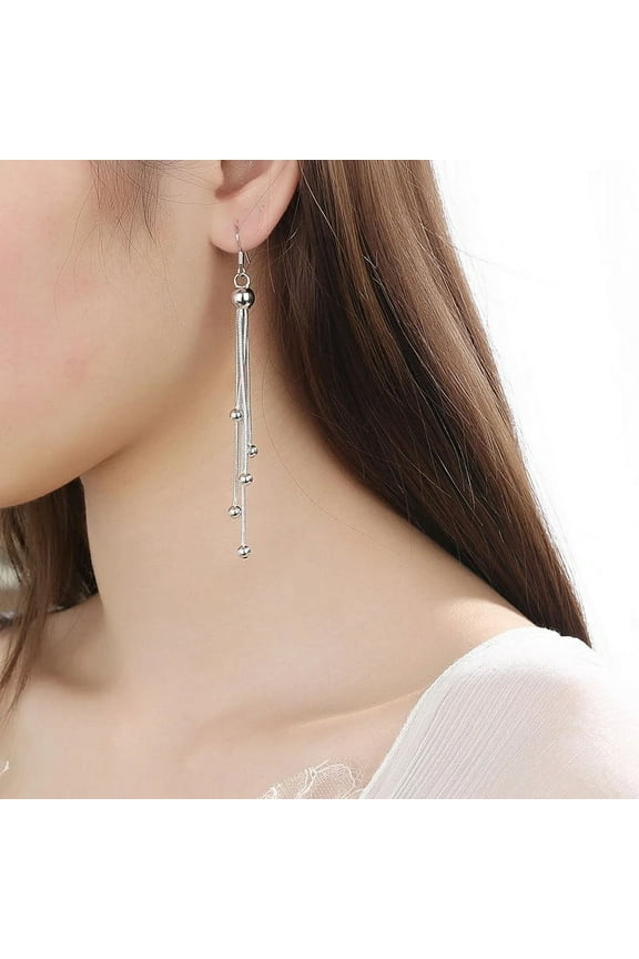 Vintage 14K White Gold Bar Long Thread Tassel Drop Earrings for Women Glossy Bead Korean Earring Fashion Jewelry