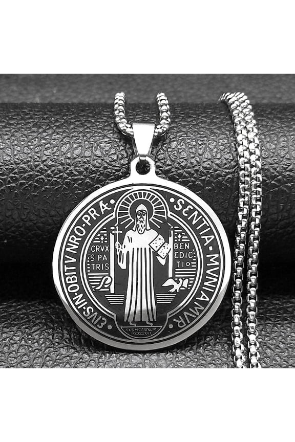 Vintage 14K White Gold Saint Benedict Exorcism Pendant Necklace For Men Fashion Catholic Amulet Jewelry Gifts