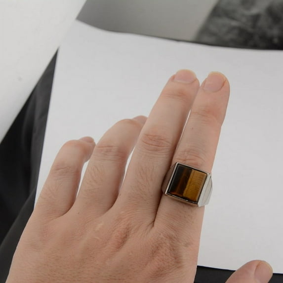 Vintage 14K White Gold With Nature Tiger Eye Stone Ring For Men Turkish Handmade Simple Statement Ring Retro