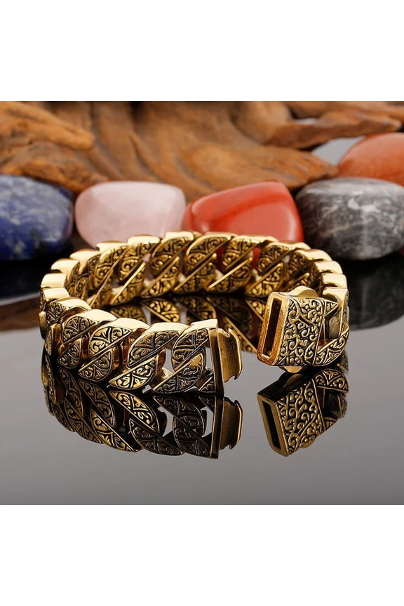 Vintage 14K Yellow Gold Bracelet For Men Carving Cuban Chain Men's Bracelets Strap Bangle Viking Golden Silver Color Jewelry