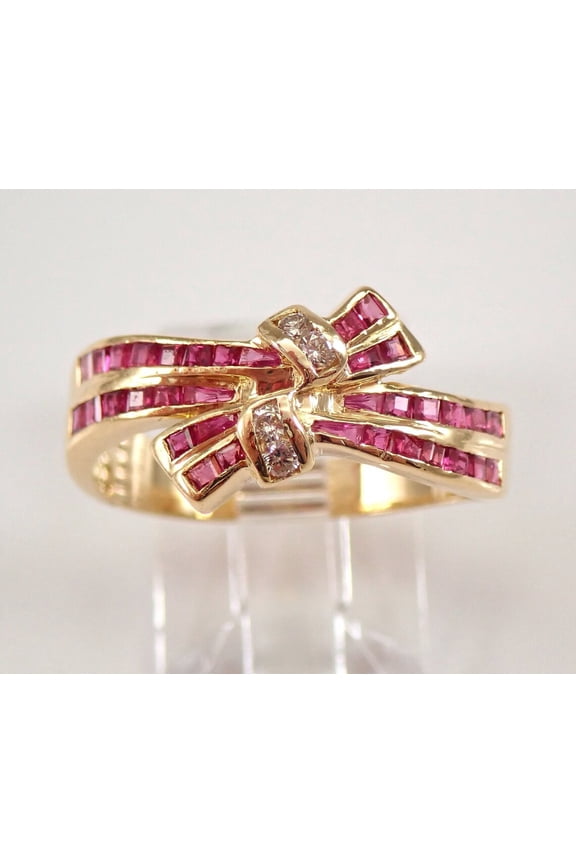 Vintage 14K Yellow Gold Diamond and Ruby Bow Tie Ring Anniversary BandChristmas Gift For Beloved
