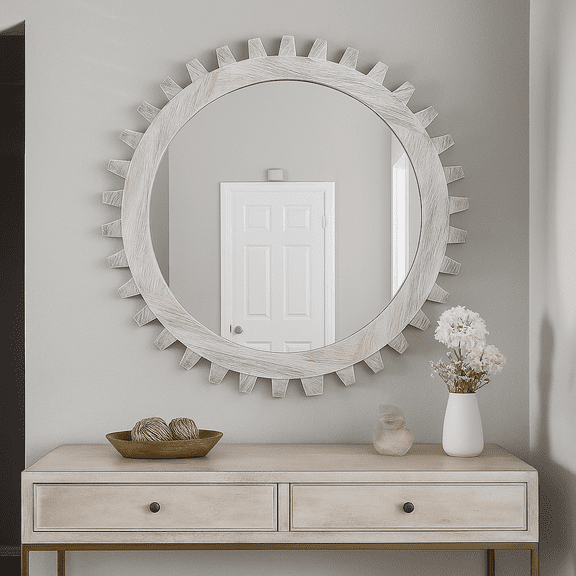 Vintage 34'' x 34'' Wood Round Hanging Gear Shape Heavy Decorative Mirror For Bathroom Living Room Entryway Or Put Together To Your Liking.(Antique White Washed)