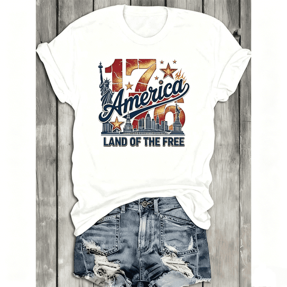 Vintage 1776 America Land Of The Free Graphic T-Shirt, Statue Of Liberty City Skyline Patriotic Star Print Short Sleeve Tee, 4th Of July Independence Day Casual White Top For Women Men