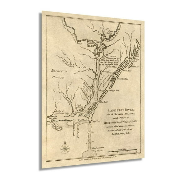 Vintage 1781 Cape Fear River Region Map Vintage Map of Wilmington and Brunswick County North Carolina - New Hanover NC Vintage Map Wall Art - American Revolution Map