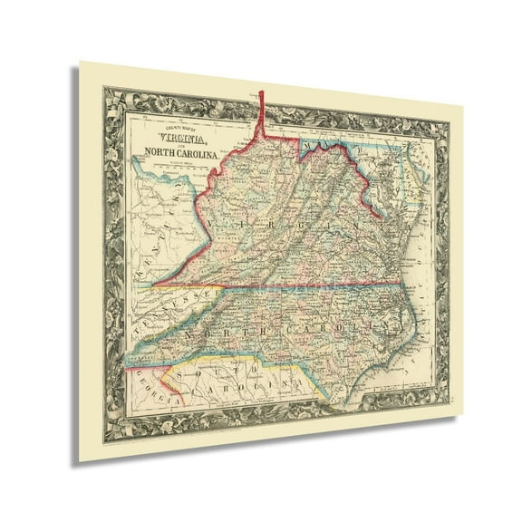 Vintage 1860 County Map of Virginia and North Carolina Virginia County Map Poster - Old Wall Map of North Carolina County