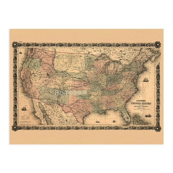 Vintage 1861 United States Military Map Vintage Map of the United States Wall Art - Civil War of USA Map History - Old United States Map Poster - Colton's US Civil War Map
