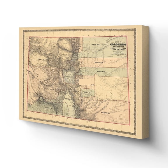 Vintage 1862 Colorado Territory Map Canvas Art  Canvas Wrap Vintage Colorado Map Poster - History Map of Colorado Wall Art