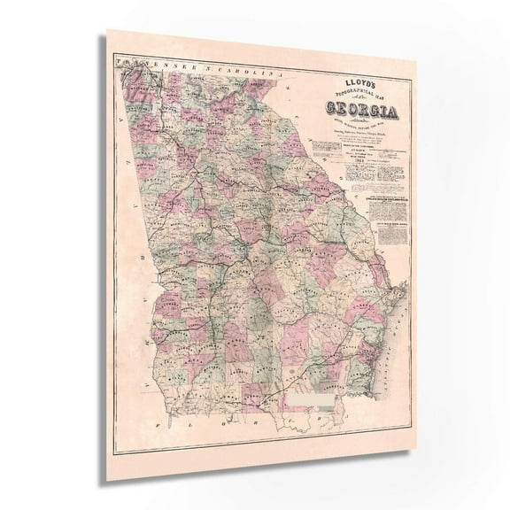 Vintage 1864 Map of Georgia Poster Vintage Map of Georgia Wall Art - Vintage Georgia Map Showing Counties, Railways, Stations, Villages, Mills - Georgia State Wall Map