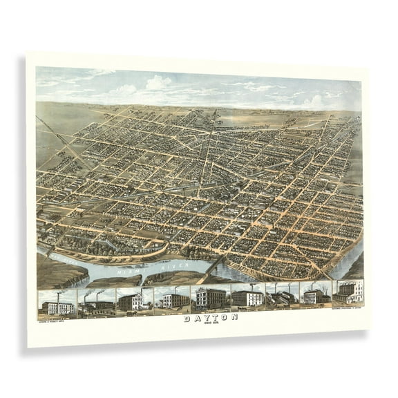 Vintage 1870 Dayton Ohio Map Poster Vintage Bird's Eye View Perspective Map of Dayton Ohio - Old Map of Ohio Wall Art Print