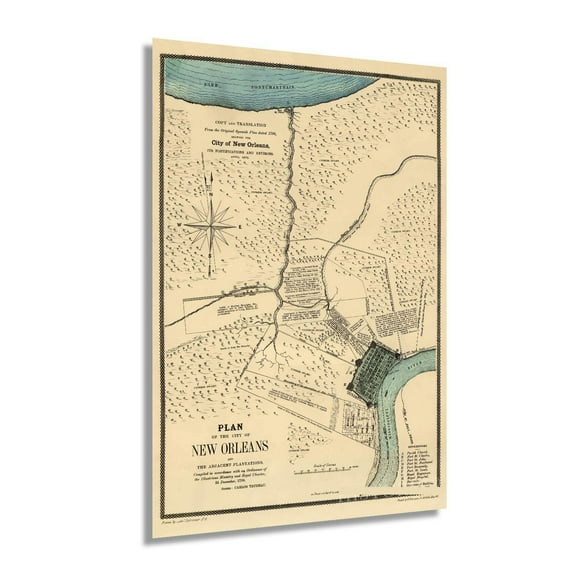 Vintage 1875 New Orleans Louisiana Map Vintage Map of New Orleans Translated from the Original Spanish Plan Dated 1798 - New Orleans Art Wall Decor Poster Print