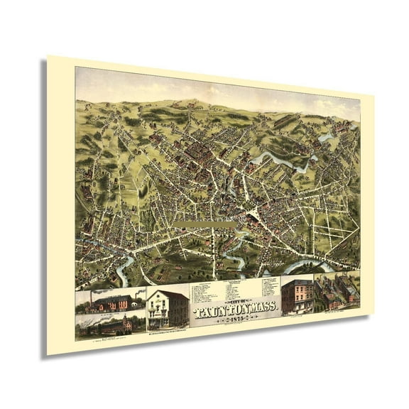 Vintage 1875 Taunton Massachusetts Map  History Map of Taunton MA Wall Art - Old City of Taunton Map of Massachusetts Poster