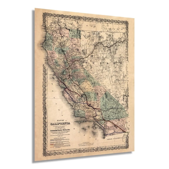 Vintage 1876 Map California Wall Art - Southern Pacific Railroad Railway Map