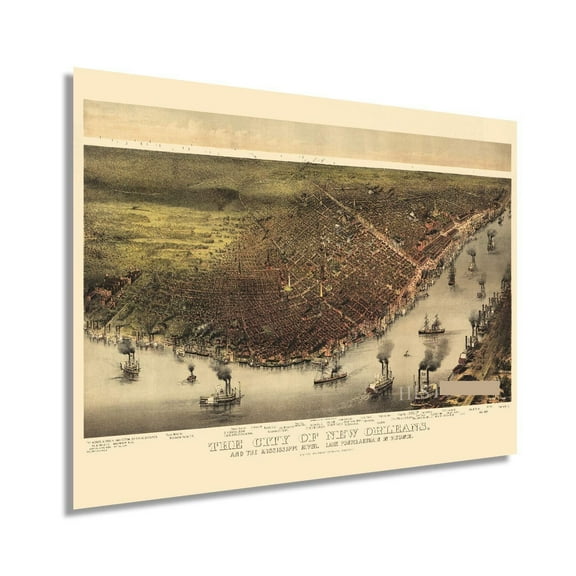 Vintage 1885 New Orleans Louisiana Map Wall Art Featuring Historic City Layout with Names of Prominent Places
