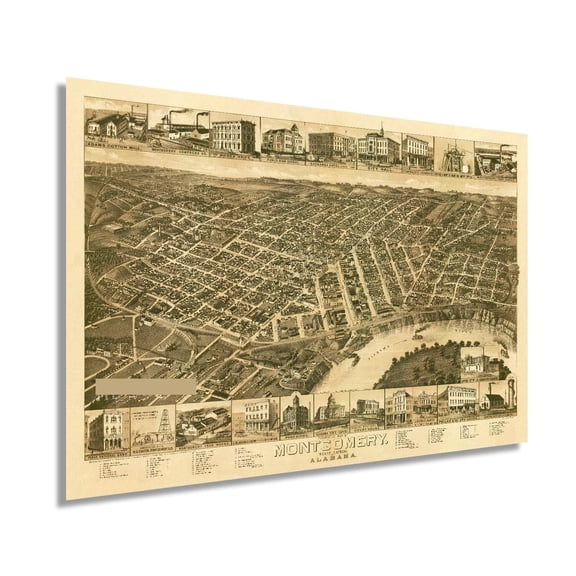 Vintage 1887 Montgomery Alabama Map Poster Vintage Perspective Map of Montgomery Wall Art - Old Montgomery Alabama Map - Historic Birds Eye View of Montgomery Poster