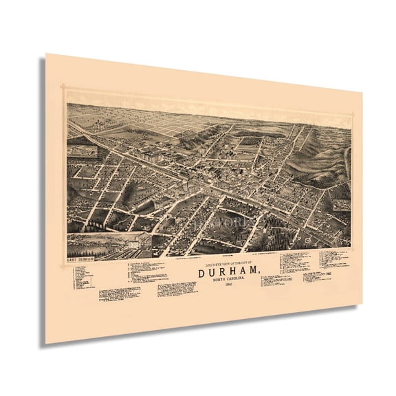 Vintage 1891 Durham North Carolina Map Old Durham Wall Art - History Map of Durham NC - Bird's Eye View of Durham NC Map Poster