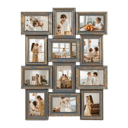 Vintage 18x25 Photo Frame - 12 Openings for 6x4 Photos - Rusted Gold Edge - Wall Hanging - Gallery Collection Style