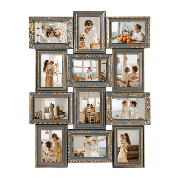 Vintage 18x25 Photo Frame - 12 Openings for 6x4 Photos - Rusted Gold Edge - Wall Hanging - Gallery Collection Style