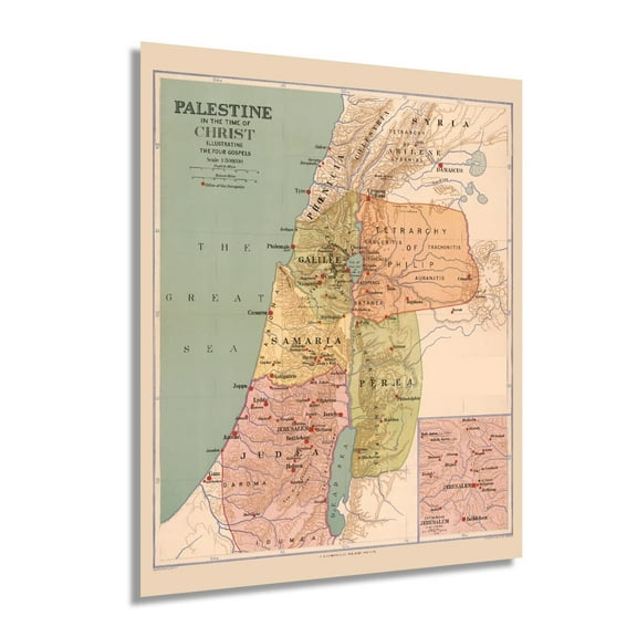 Vintage 1916 Palestine Map in the Time of Christ Biblical Map of Palestine Poster - Old Bible Timeline Map of Palestine Wall Art
