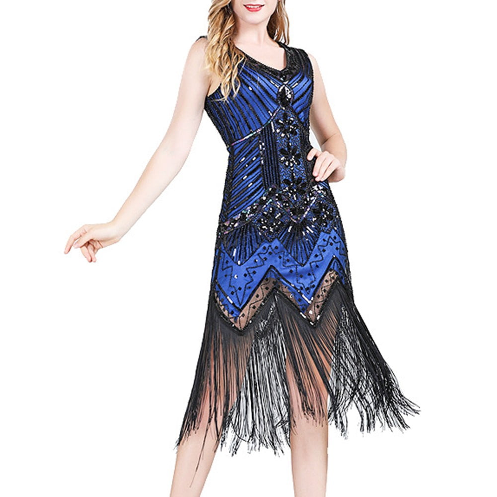 Vintage 1920S Flapper Great Gatsby-Dress V-Neck Cap Sleeve Sequin Fringe  Party Midi Dress Vestidos Verano Summer Dress -Sapphire M - Walmart  Business Supplies