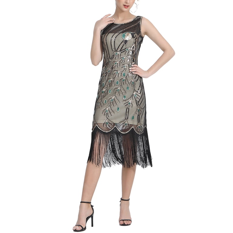 Vintage 1920S Style 20'S Dress Attire Dresses Fringe Beaded Art Deco Midi  Length