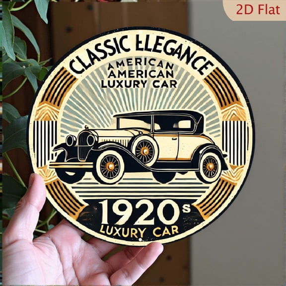 Vintage 1920s American Luxury Car Round Aluminum Wall Art, Retro Classic Automobile Decorative Metal Sign, 8x8 Inch Wall Decor for Garage Home Office