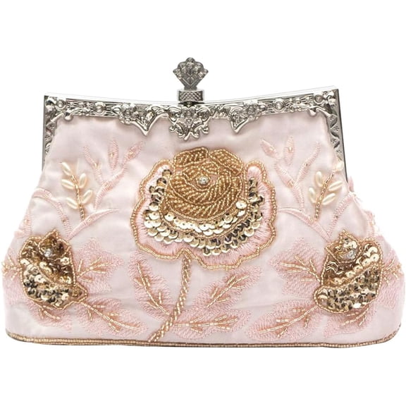 Vintage 1920s Beaded Evening Bag Pearl Clutch Bag for Women Sequin Handbag Bridal Wedding Purse Floral Shoulder Bag