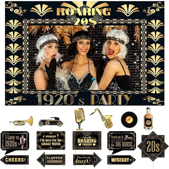 Vintage 1920s Jazz Age Party Photo Frame Prop Set - Black Gold Geometric Photo Frame + 15 Props Art Deco Background