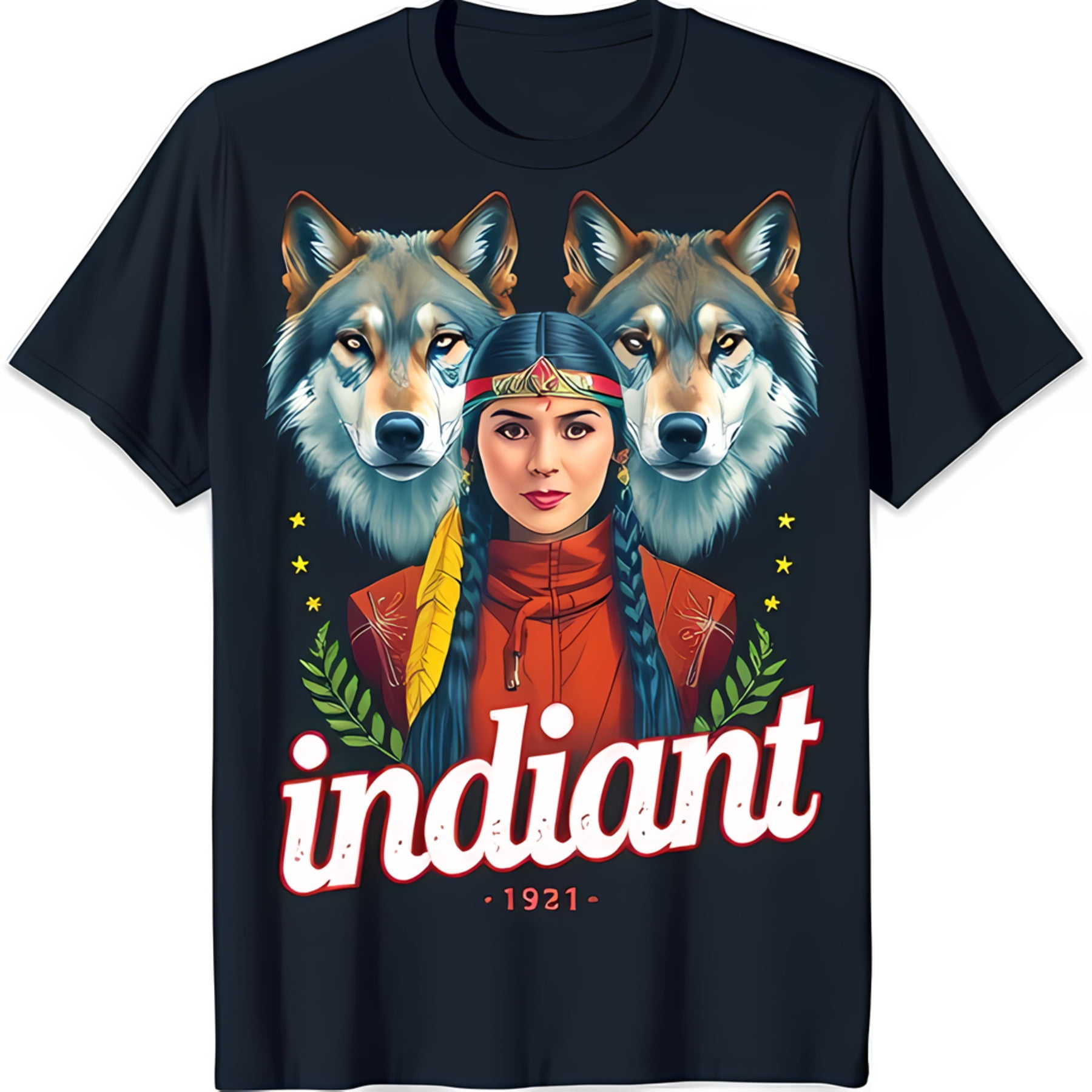 Vintage 1921 Indian Woman with Wolves Graphic T-Shirt Dark Blue