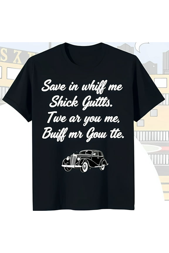 Vintage 1940s Car Graphic Black T-Shirt with Whimsical Text Design