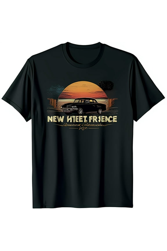 Vintage 1940s Classic Car Sunset Graphic Black T-Shirt for Car Enthusiasts
