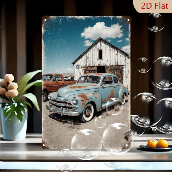 Vintage 1940s Sedan & Rusty Barn, 8x12 Inches Metal Wall Art, Nostalgic Rural Ghost Town Scene with Old Pickup Truck, Faded Blue Car on Dirt Road, Retro Americana Decor for Home Office