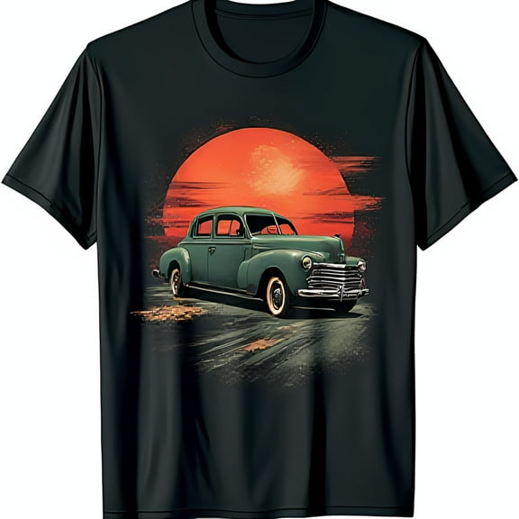 Vintage 1940s Sedan T-Shirt Classic Car Driving Towards Red Sun Nostalgic Graphic Tee