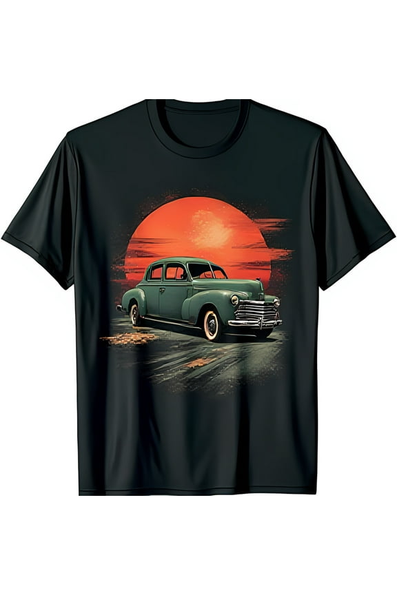 Vintage 1940s Sedan T-Shirt Classic Car Driving Towards Red Sun Nostalgic Graphic Tee