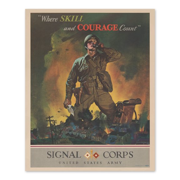 Vintage 1942 US Army Signal Corps Poster Print Where Skill and Courage Count Signal Corps World War II Vintage Wall Art Poster