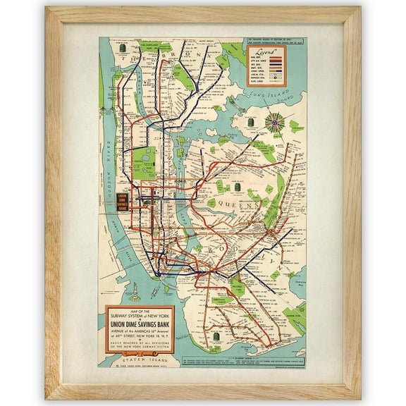 Vintage 1948 New York Subway Map 11x14 Framed Poster - Classic NYC Transit Map Reproduction, Retro 1940s Subway System Wall Art, Historic Old Manhattan Decor, Iconic Antique Apartment Art