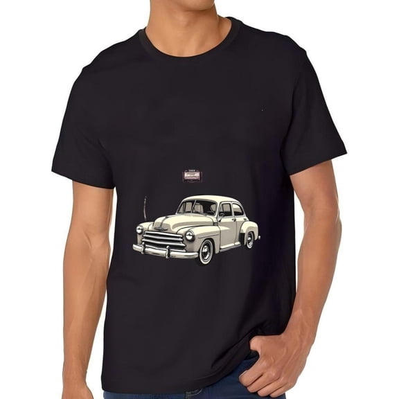 Vintage 1950 ' s Classic Car Graphic Cotton Short Sleeve T-Shirt for Men - Retro Design with Details on Dark Background
