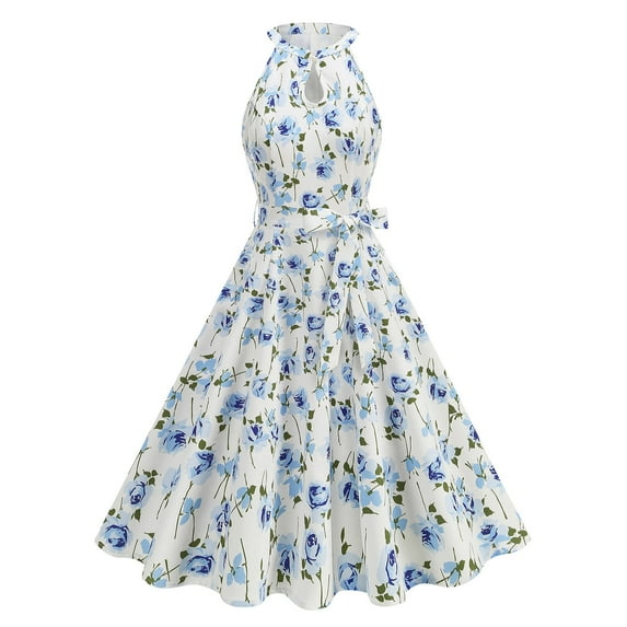 Vintage 1950s Cocktail Midi Dresses for Women Elegant Keyhole Sleeveless Floral Printed Swing Formal Evening Party Dress