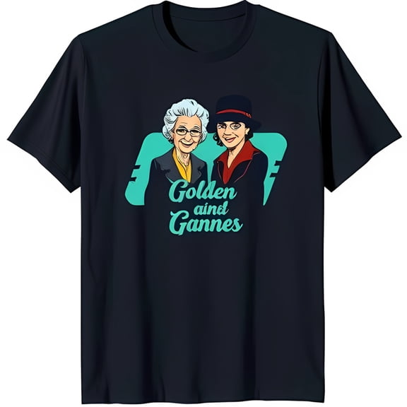 Vintage 1950s Graphic Black T-Shirt Featuring Two Women in Floral & Black Dresses Golden Design