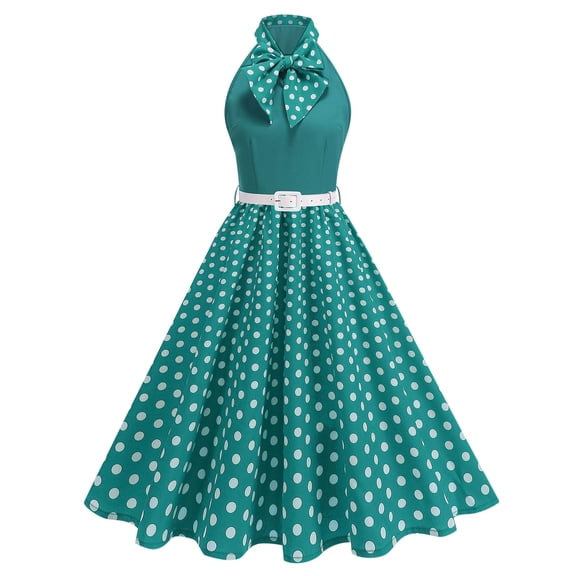 Vintage 1950s Polka Dots Cocktail Dresses for Women Elegant Tie Neck Sleeveless Swing Formal Evening Party Midi Dress
