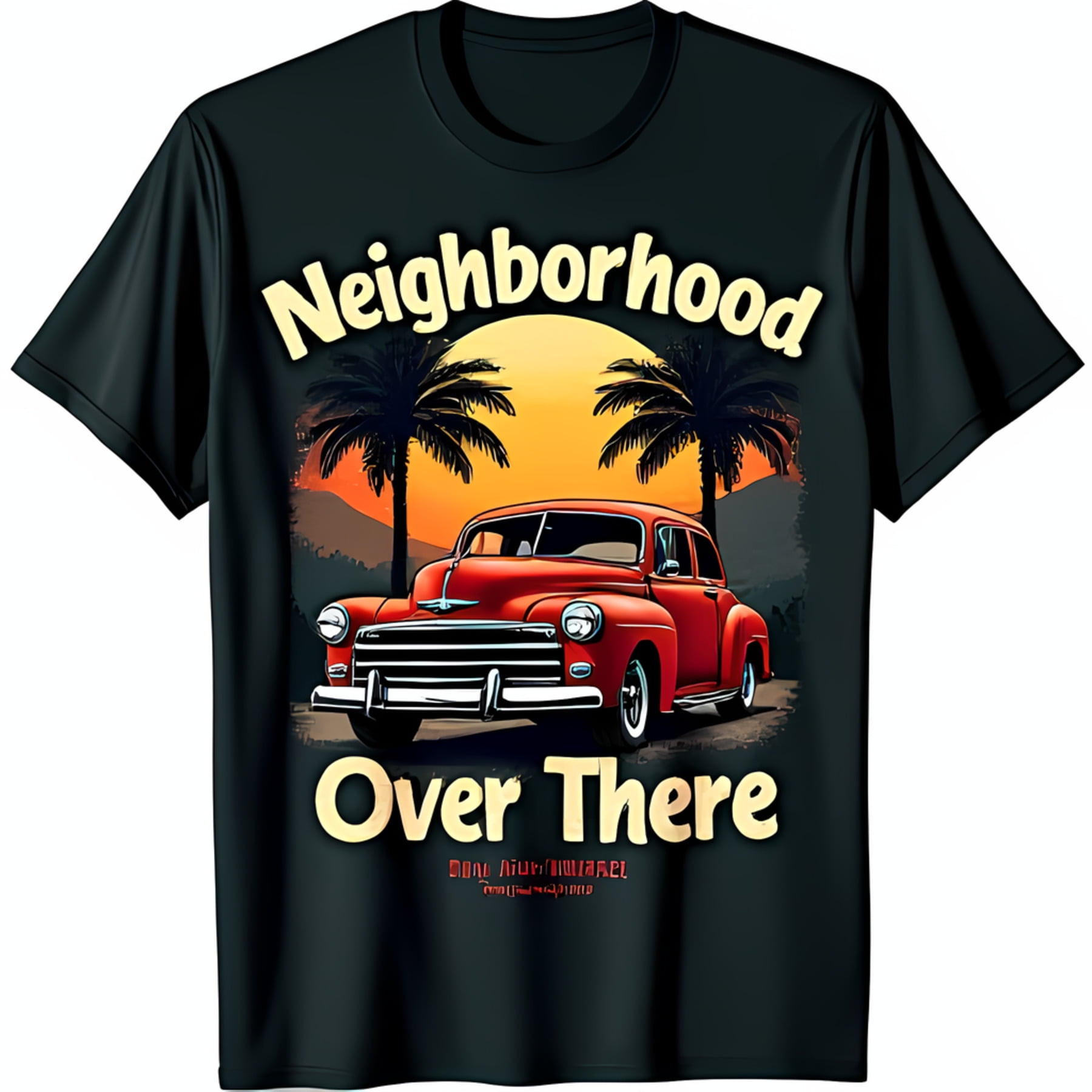 Vintage 1950s Red Car TShirt Sunset Tree Neighborhood Design