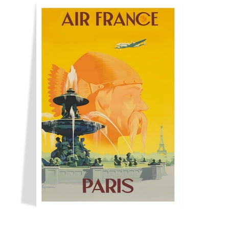 Vintage 1951 Air France Paris French Travel Airline Highlighting The Eiffel Tower Fontaine Des Mers Variant 2 Poster